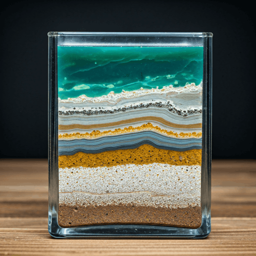 marine sediment sample in a glass container showing different geological layers of sea floor soil