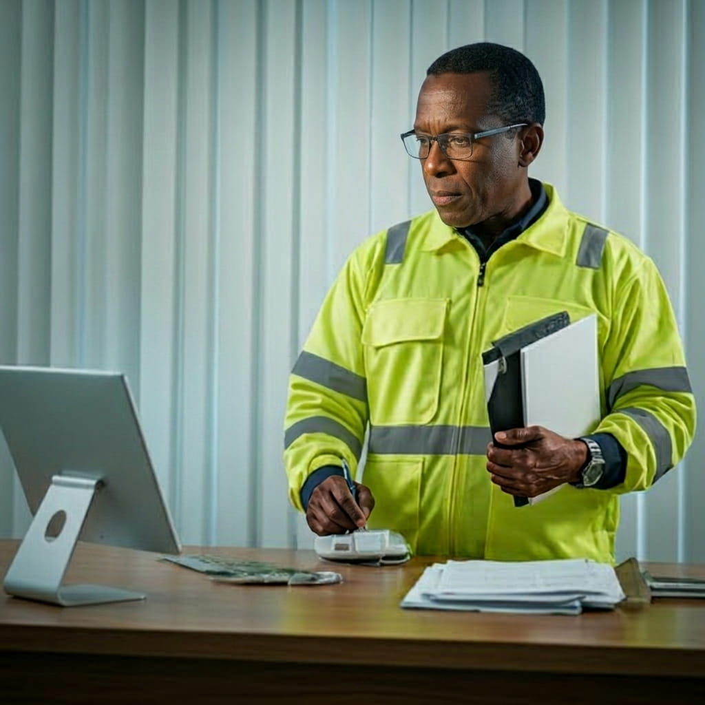 Technical professional in a marine environment using advanced sonar survey equipment with focused lighting and nautical background