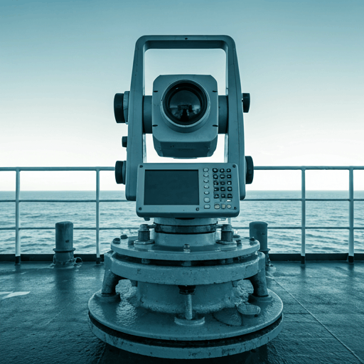 industrial close-up of heavy marine surveying machinery on a ship deck with metallic textures and blue slate tones