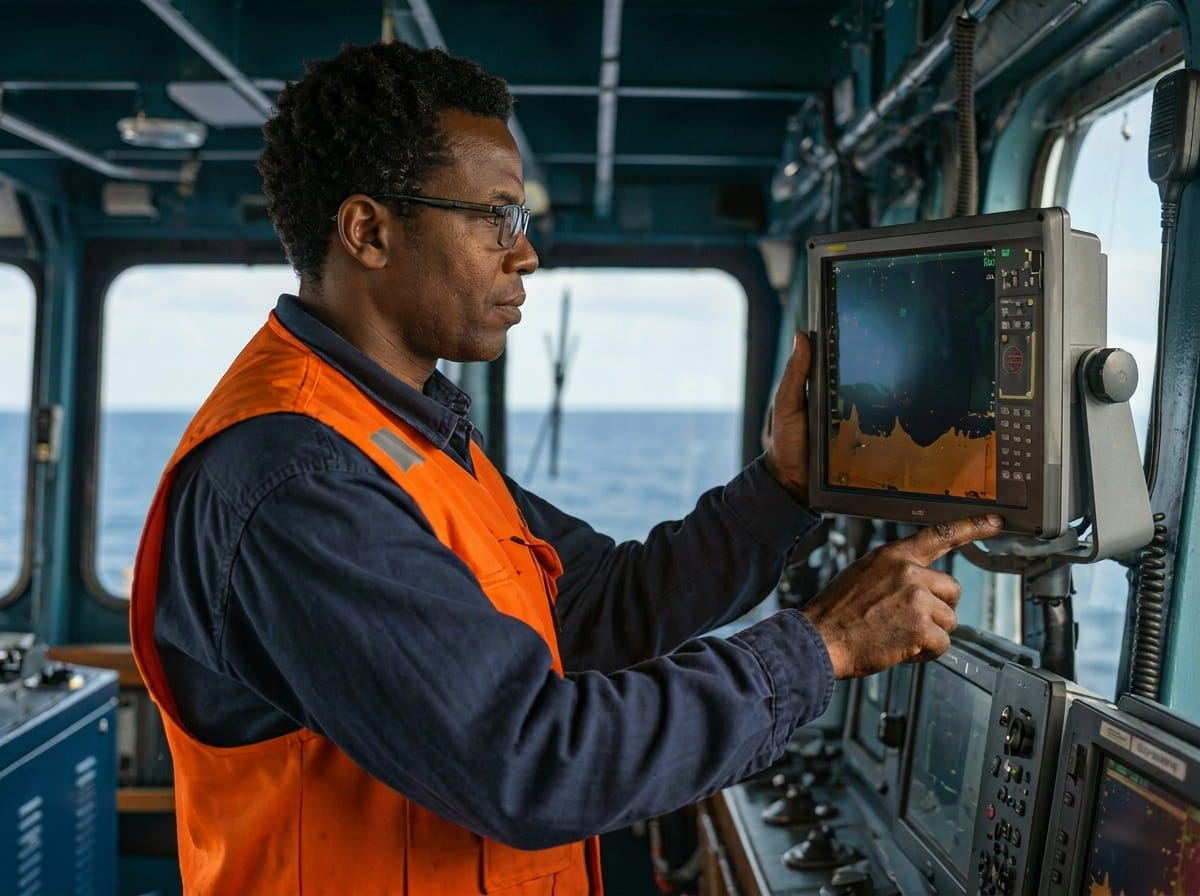 JC Brooks worker reading a monitor on a vessel bridge