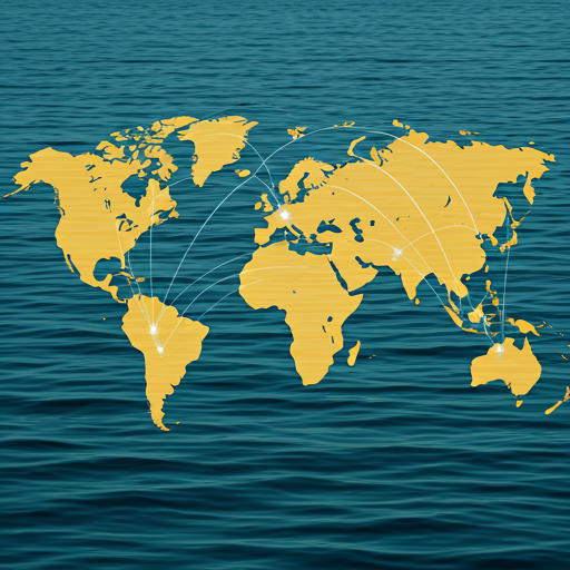 Stylized world map with connecting lines and data points over a deep blue sea-textured background