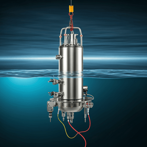 technical subsea instrumentation being lowered into water with industrial cables and scientific sensors
