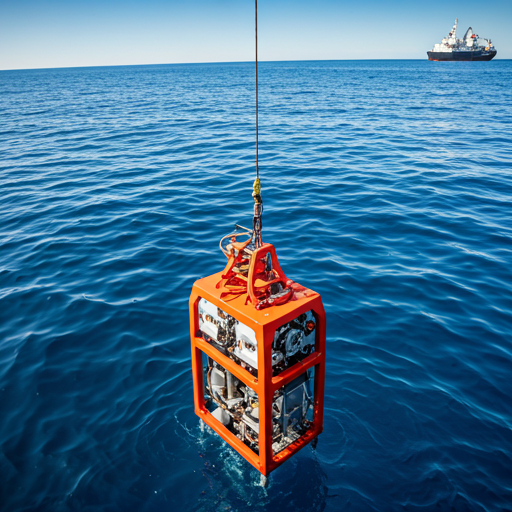 high-tech subsea remote operated vehicle ROV being deployed into deep blue ocean water from a survey vessel